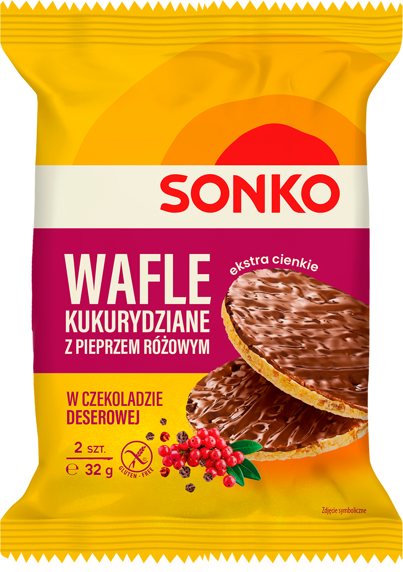 SONKO Wafle kukurydziane z pieprzem różowym w czekoladzie deserowej 32 g